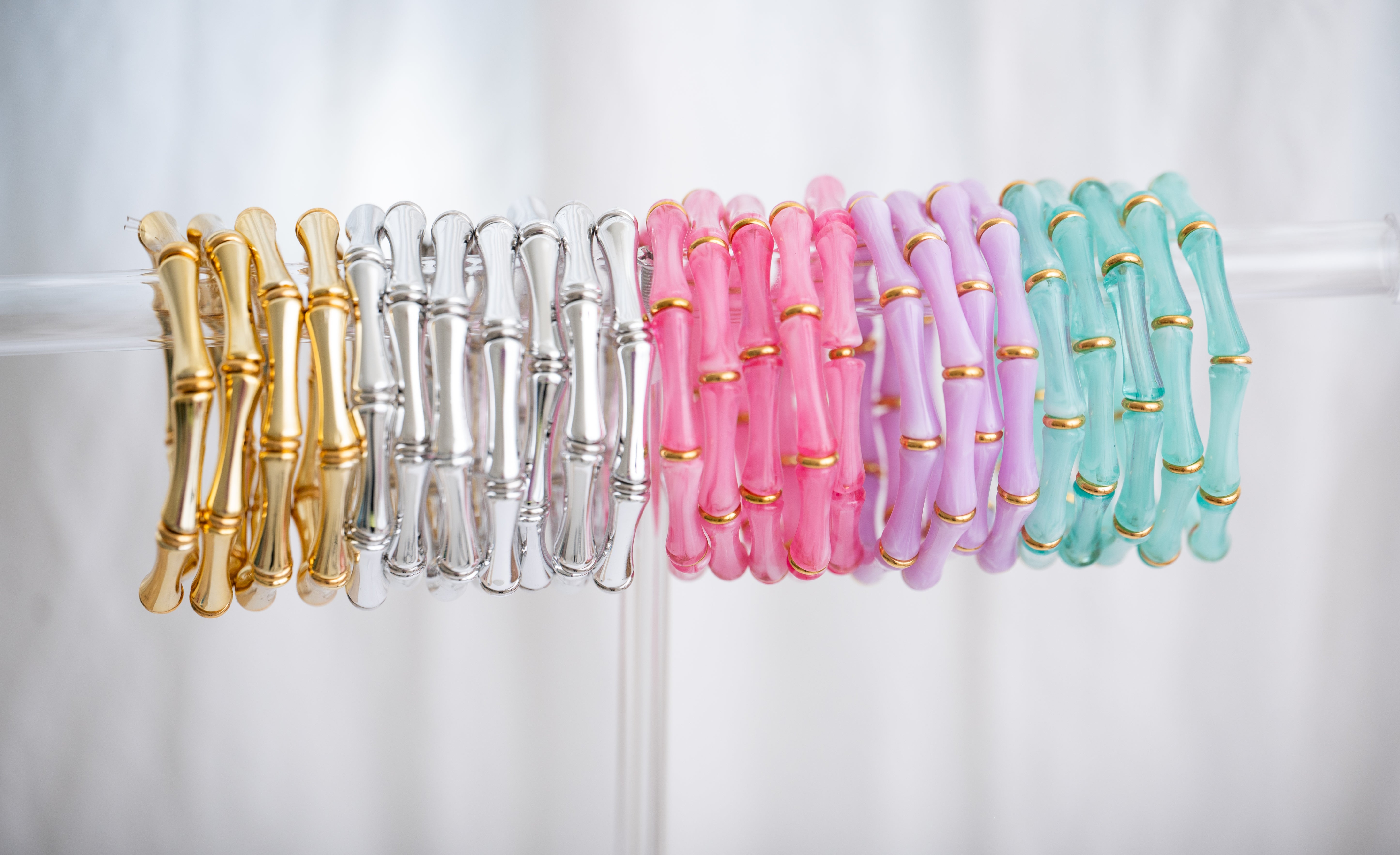 The Thin Bridgette Bamboo Acrylic Bangle Bracelet Set in Seafoam Green (Gold or Silver)