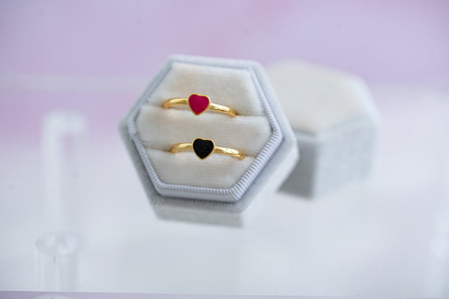 The Delilah Dainty & Delicate Black and Gold Heart Stacking Ring - Adjustable