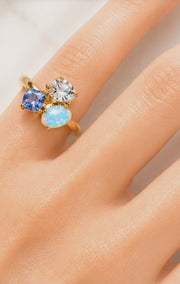 Four plated Gold Adjustable Opal & Zircon Cluster Ring I Dainty Blue and White Gemstone Ring I Eco-conscious Synthetic Opal Ring