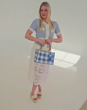 Hand Beaded Gingham Bag with Bamboo Handle | Blue & White Summer Purse | Artisan Made Statement Handbag | Max & Margaux Exclusive