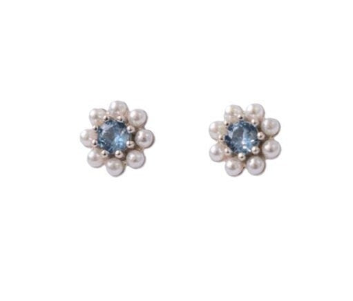 The Camille Pearl Stud Cluster Earring in Gold & Blue Jewel