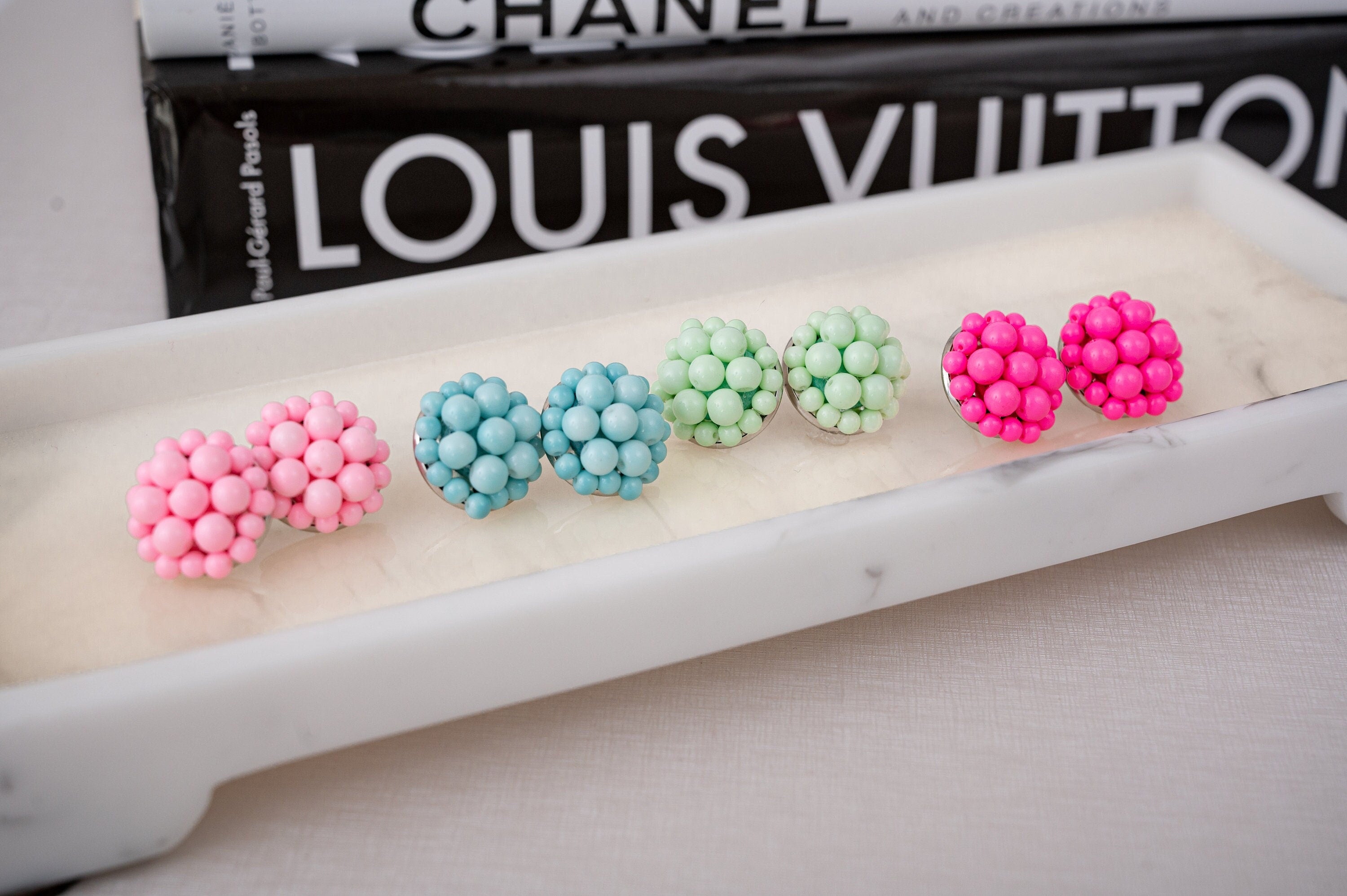 The Jackie Ohhh So Retro Beaded Cluster Earrings in Dusty Blue